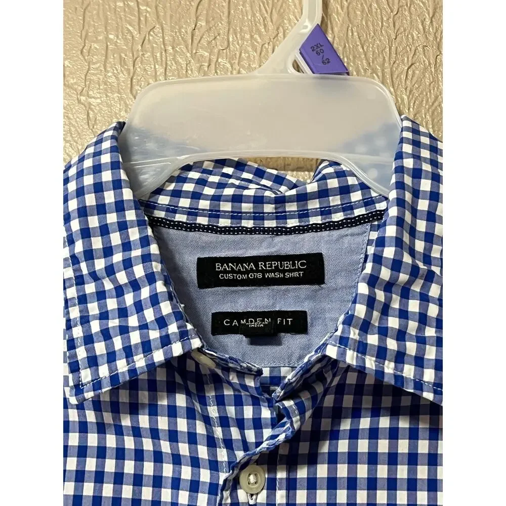 Banana Republic Camden Fit Button Up Gingham Shirt Royal Blue Academia Size XL